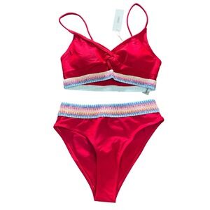 SEAMOLY Red Boho Rainbow Trim Bikini‎ Set High Waisted XS Beach Pool Gym Cruise